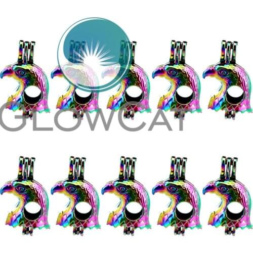 GLOWCAT 10x C629 Rainbow Color Eagle Hawk Head Beads Cage Jewelry Making Essential Oil Diffuser Aroma Pearl Cage Locket Pendant