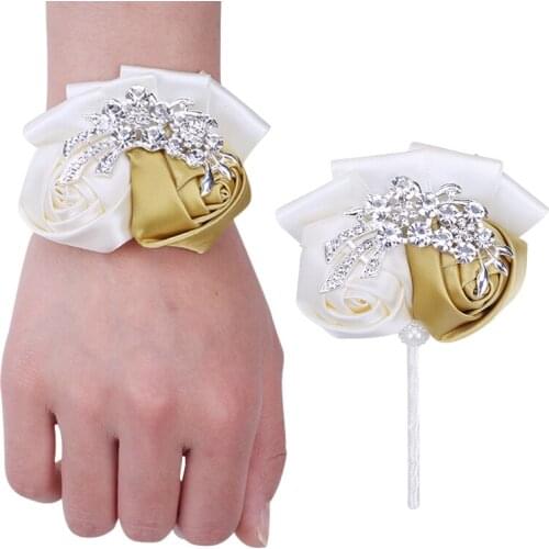 Hot Sale Light Gold Groom Suit Lapel Pin Bride Bridesmaid Wrist Corsage Ribbon Rhinestone Wedding Supplies T0688