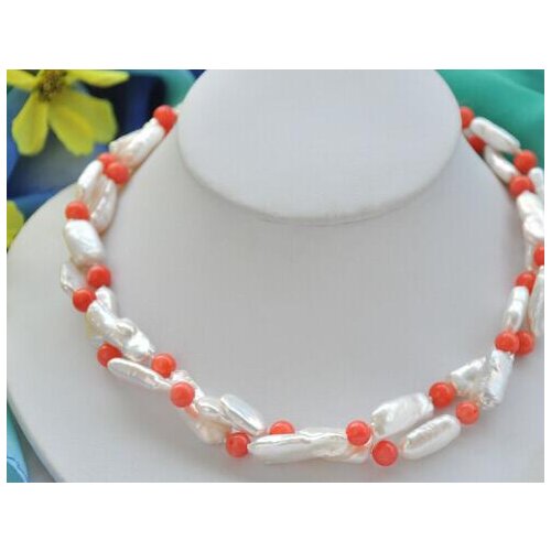 Beautiful 2Strds 20mm WHITE DENS BIWA PEARL PINK CORAL bead NECKLACE 19inch