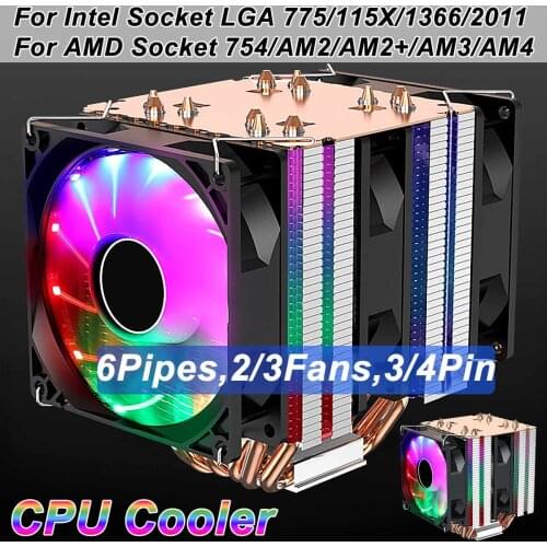 CPU RGB Cooler Fan Heatsink 2/4/6 Copper pipe 3/4 Pin Coolling Fan For Intel Socket LGA 775/115X/1366/2011/AMD Socket 754/AM2