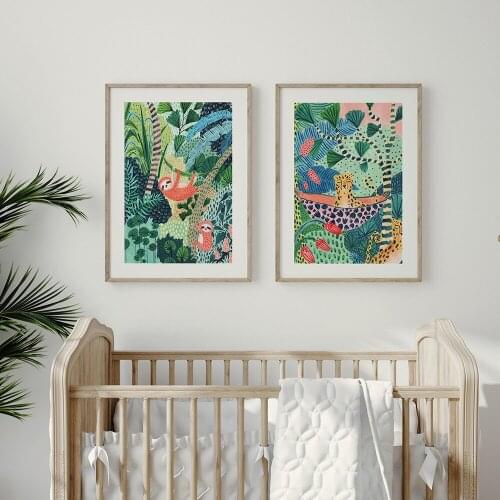 Sloth & Leopard Jungle Nordic Posters and Prints Botanical Wall Art Canvas Painting Nursery Wall Pictures for Living Room Home D