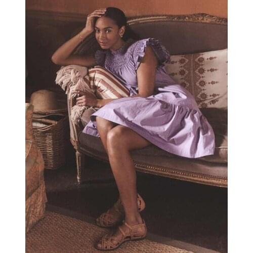 Sweety Candy Macaroon Pink/Turquoise Scallop Tiered 100% CottonDay Dress Natural Playful Flutter Sleeve Loose Princess Date Gown