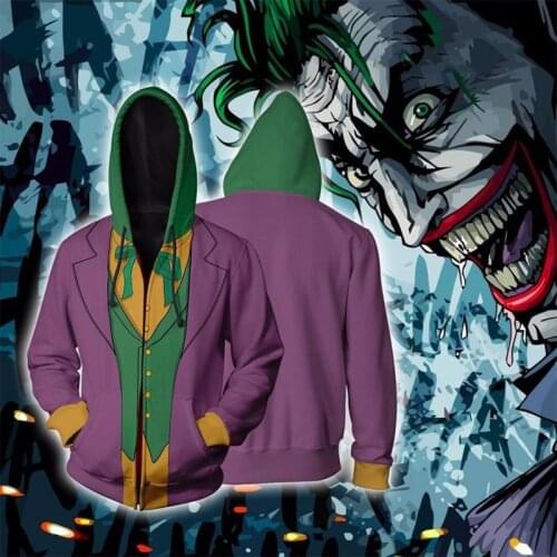 Men Hoodie Arkham Asylum Cosplay Joker Zip-Up Sweatshirt Unisex Jacket Autumn Coat Cardigan Adult Outwear Teen