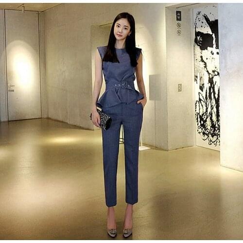 LLZACOOSH 2020 spring and summer new sleeveless lotus leaf coat Slim was thin trousers two sets of professional OL suit female