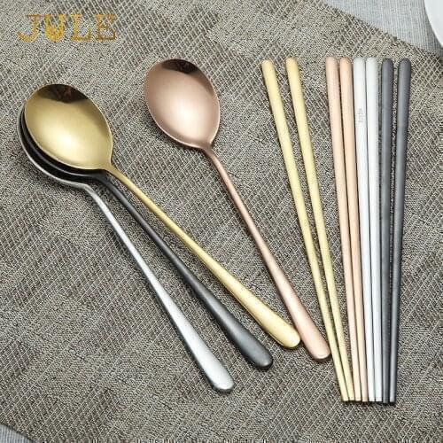 New Hashi Black 18/10 Stainless Steel Korean Chopsticks Spoon Set Tableware Dessert Spoons Long Handle Chinese Chop Sticks Sets