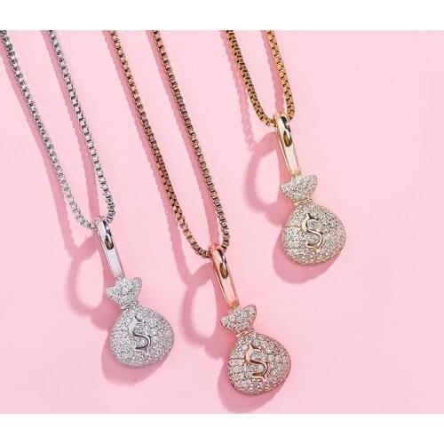 Hip Hop S925 Sterling Silver Bling Ice Out Dollars Money Bag Pendants Necklaces for Women Men Fashion Charm Jewelry