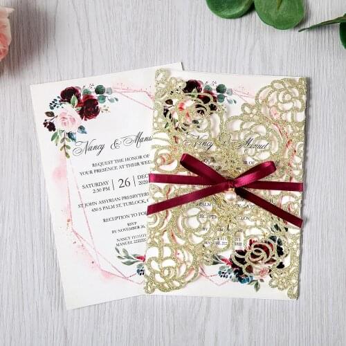 50pcs Gold Glitter Laser Cut Floral Invitation Cards for Wedding / Party / Quinceanera / Anniversary / Birthday, CW0024