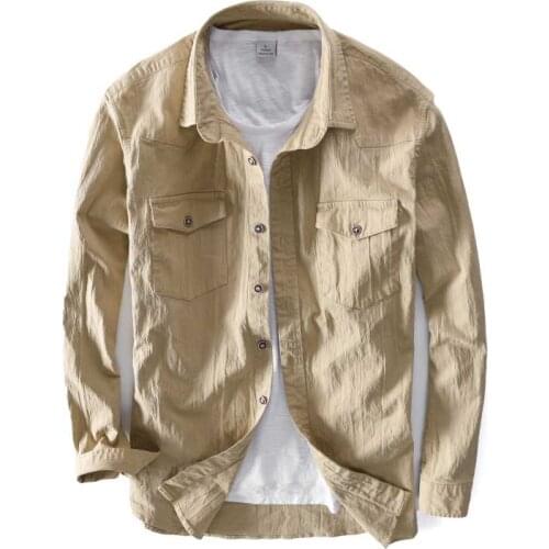 Autumn Winter Pleated Fabric Shirt Cotton Men Casual Shirt Long Sleeve OUTWEAR Coat Front 2 Pocket Male Clothing