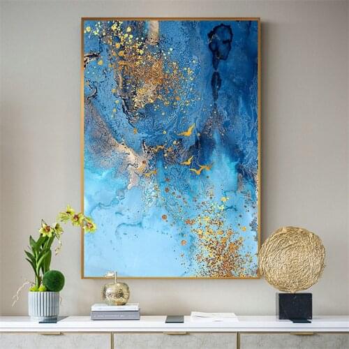 Hand-painted oil painting modern abstract golden blue tone canvas painting home living room corridor decorative art painting bir