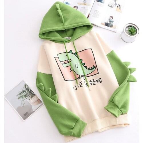 Pretty Dinosaur Print Fleece Sweatshirt Women Hooded Thick Warm Pullovers Female 2020 Autumn Harajuku Hoodie Girls Teens Hoodies