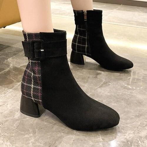 Women Ankle Boots Zipper Buckle Strap Ladies Short Boots Round Toe Square Heels Woman Shoes Suede Comfort Solid Female Booties
