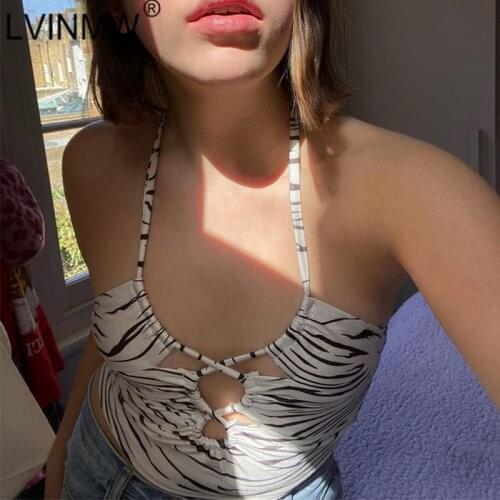 LVINMW Halter Lace Up Backless Zebra Stripes Slim Sexy Tank Hollow Out Shirring Sleeveless Crop Top Women Summer Tops Streetwear