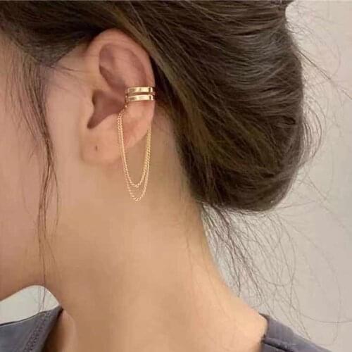 SLJELY Fashion Pure 925 Sterling Silver Gold Color Sliding Ear Bone Cuff Non Pierced Tassel Clip Earring 1pc for Women Jewelry