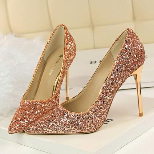 2021 Women 9.5cm High Heels Stripper Glitter Scarpins Pumps Stiletto Wedding Bridal Prom Heels Champagne Gold Shoes Plus Size
