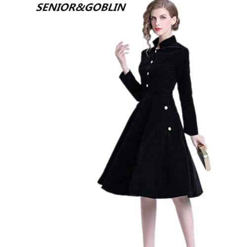 2019 Audrey Hepburn Long Sleeve Ladies Office Dress Vestidos Robe Women Elegant Black Velvet Dress Retro Black Winter Dresses