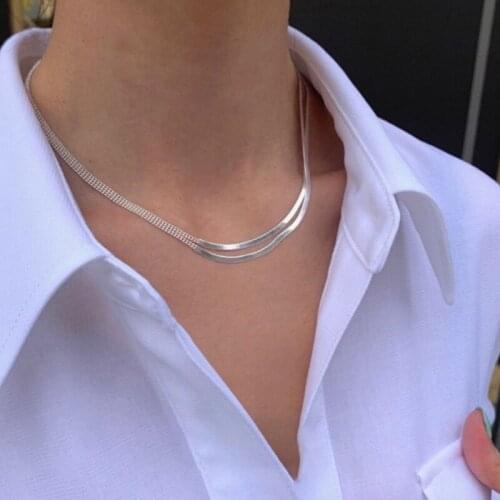 925 sterling silver jewelry double layer snake bone necklace silver bead stitching short clavicle chain necklace for female