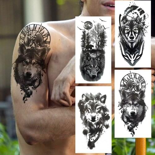 Large Clock Wolf Fake Temporary Tattoo For Men Women Black Forest Coyote Tattoos Sticker Body Arm Art Spray Animal Tatoos Sheets