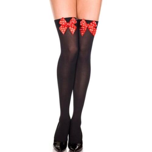 SHENGRENMEI Black/Red Dot Bow Stay Up Sexy Stockings Sexy Lingerie for Women Mesh Thigh High Stockings Female Fishnet Stockings