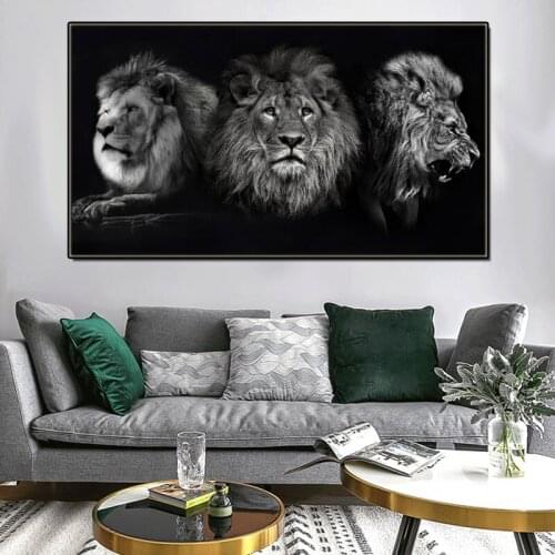Black Minimalist Canvas Painting Three Ferocious Wild Lions Poster Wall Art Prints Decoration Picture Mural for Living Room