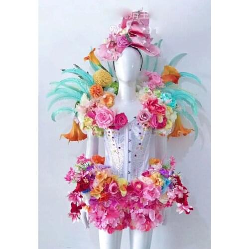 Flower fairy bodysuit lovely flowers feather cosplay costume women party girl stage show wear