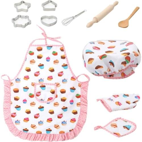 Kids Cooking And Baking Set - 11Pcs Kitchen Costume Role Play Kits Apron Hat Funny Toy For Children White