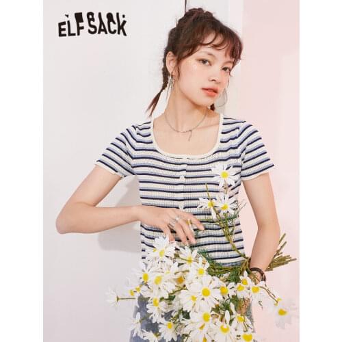 ELFSACK Striped Chic Casual Knit Basic Women Pullover Knitwear Top,2021 Summer Vintage Short Sleeve Korean Ladies Daily Sweaters