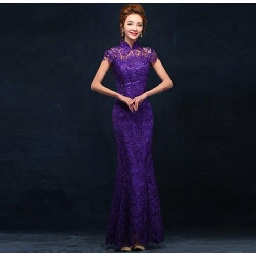 Purple Lace Mermaid Chinese Evening Dresses Long Bride Wedding Qipao Women Elegant Summer Girl Oriental Style Cheongsam Dress