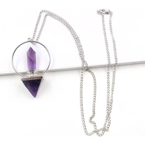 FYSL Silver Plated Circle Amethysts Stone Pyramid Pendant Link Chain Necklace Black Agates Jewelry