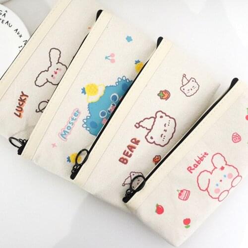 Cartoon Cute Bear Canvas Pencil Case Kawaii Pencil Bag Simple Large Capacity Pen Box Korean Stationery Student School Supplies