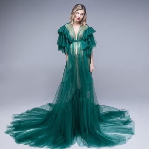 Emerald Green Unique Evening Dresses Sexy See Through Ruffles Tulle Lace Pregnant Women Cape Dress Maternity Prom Party Gowns