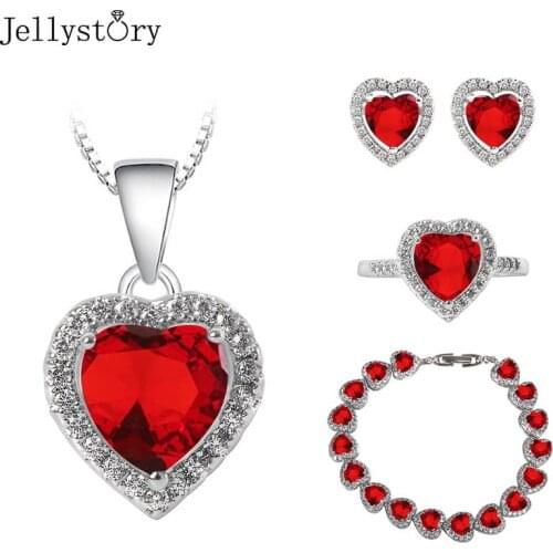 Jellystory luxury charms jewelry set 925 silver jewelry with heart shape ruby ring earrings necklace bracelet for female wedding