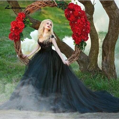 Lakshmigown Gothic Black Wedding Dress Plus Size Bridal Dresses Tulle Mariage 2021 Maxi Wedding Gowns Lace Cap Short Sleeves