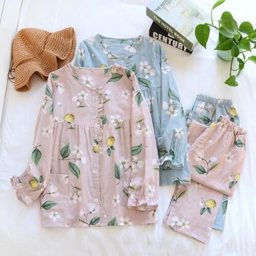 Summer Cotton Women Pajamas Long Sleeve Round Neck Sleepwear Floral Printing Loungewear Double Layer Cotton Gauze Loungewear