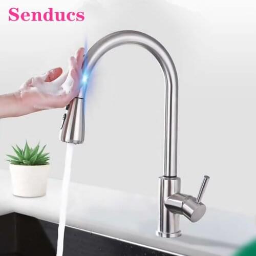 Senducs Brushed Touch Kitchen Faucets of Three Ways Hot Cold Kitchen Mixer Tap Intelligent Smart Touch Pull Out Kitchen Faucet