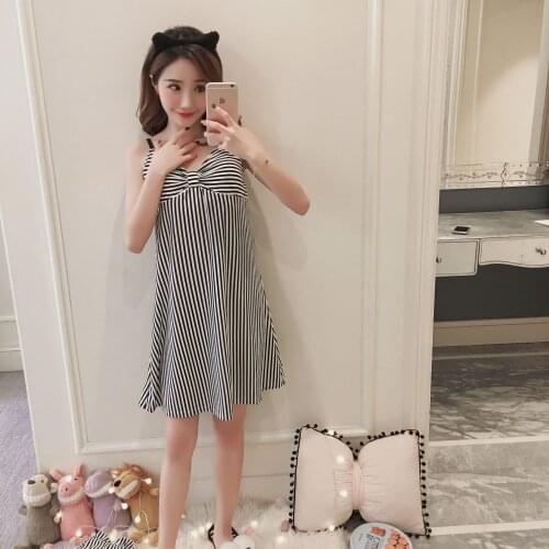 Summer Student Girl Sleeveless Camisole Striped Nightdress with Chest Pad Loose Plus Size Home Service Sleepwear Night Gown