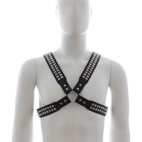 Men Sexy Metal Rivet Punk leather bustier corset sculpting chest Belt leather suspenders braces pants harness for chest