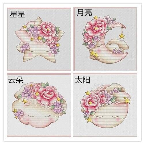 Sun clouds moon stars cross stitch package flower aida 18ct 14ct 11ct black cloth people kit embroidery DIY handmade needlework