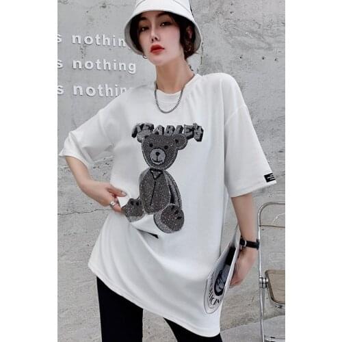 New Harajuku Women T-shirt Mid-length Little bear hot drilling Female Tops Summer loose Short-Sleeved T-shirts y2k top