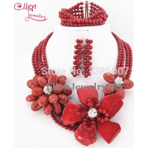 Charming Flower Red Coral Bead Necklace Bracelet Earrings Jewelry Set Free Shipping