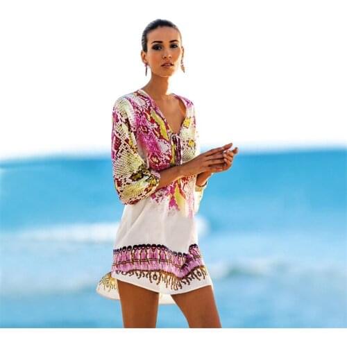 Beach Style Dresses Printing Sexy Ladies Women Bikini Cover Up Beach Dress Deep V Swimsuit Coverup Women Seven Sleeve Length