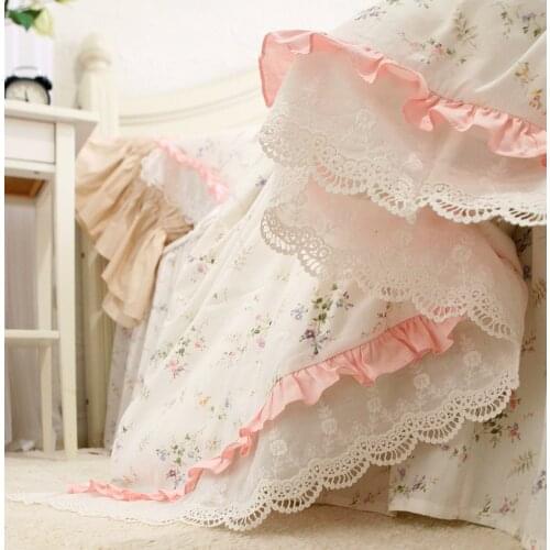 TOP Luxury French princess style small floral Korean lace cotton lotus leaf bedding set cotton bedroom set queen