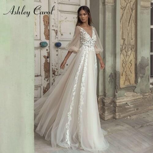 Ashley Carol A-Line Wedding Dress 2021 Puff Sleeve Romantic Bridal Backless Beaded Appliques V-Neck Bride Dresses Vestido Noiva