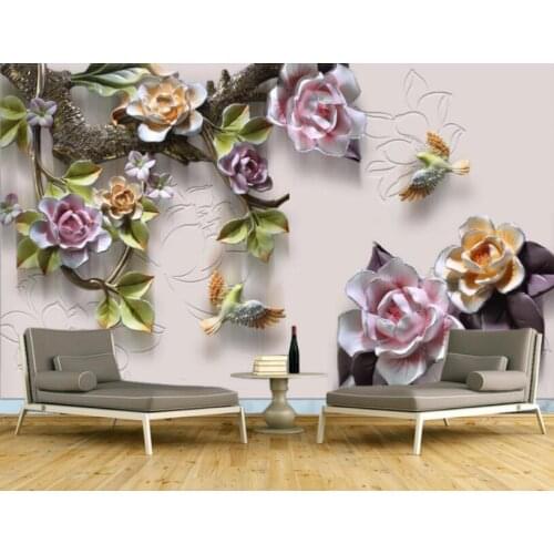 CJSIR Customize Any Size Wallpaper Mural Embossed Rose Flower Bird TV Background Wall 3d Wallpaper Papel De Parede Home Decor