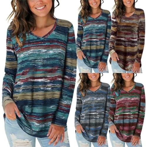 2021 Autumn T Shirt Women Gradient Striped Print V-Neck Long Sleeve Tee Fashion Casual Loose Plus Size Tops