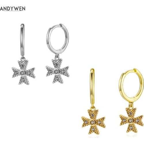 ANDYWEN 925 Sterling Silver 8.5mm Pendientes Cross Drop Earring CZ Zircon Dangle Charms Women Luxury Jewelry 2020 Circle Rings