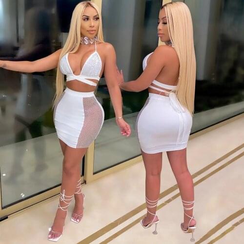 Women Two Piece Set Sexy Hot Diamond Glitter Clubwear Halter Neck Bra Back Cross Tie Up Crop Top + Bodycon High waist Skirts Set