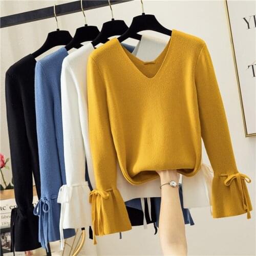 New Outerwear Flare Sleeve Elegant Knit Pullovers Women New V-neck Solid All Match Fall Sweater 2021 Lace Up Jumpers Tops