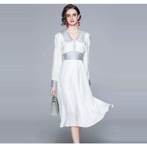High Quality Women Spring Elegant White Long Dress High-End Jacquard Party Robe Lady Vintage Beading Designer Dress Vestidos