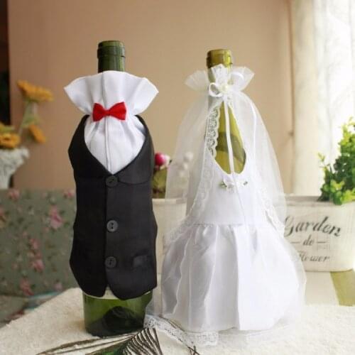2 pcs/lot Wedding Decorations Bride And Groom Dress Wine Glass Champagne Bottle Decoration Wedding Patry Cover Supplies