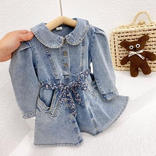2021 Baby Girl Fashion Clothing denim Dress with floral belt kids casual jeans Clothes Children Party Birthday Wear